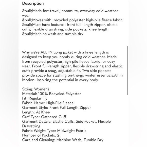 NWT 
All In Motion 
Women's Long High Pile Jacket 
Brown - Picture 6 of 6